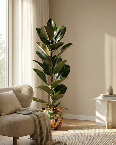 Grand ficus d’intérieur en pot, feuillage dense près d’une baie vitrée lumineuse, idéal pour le salon.